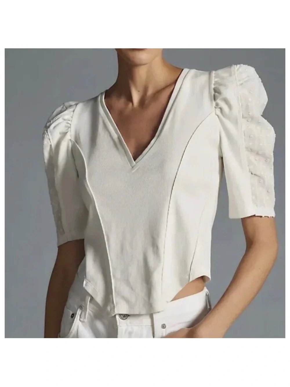 By Anthropologie White Puff Sleeve Structured V-Neck Women’s Blouse Size 3X